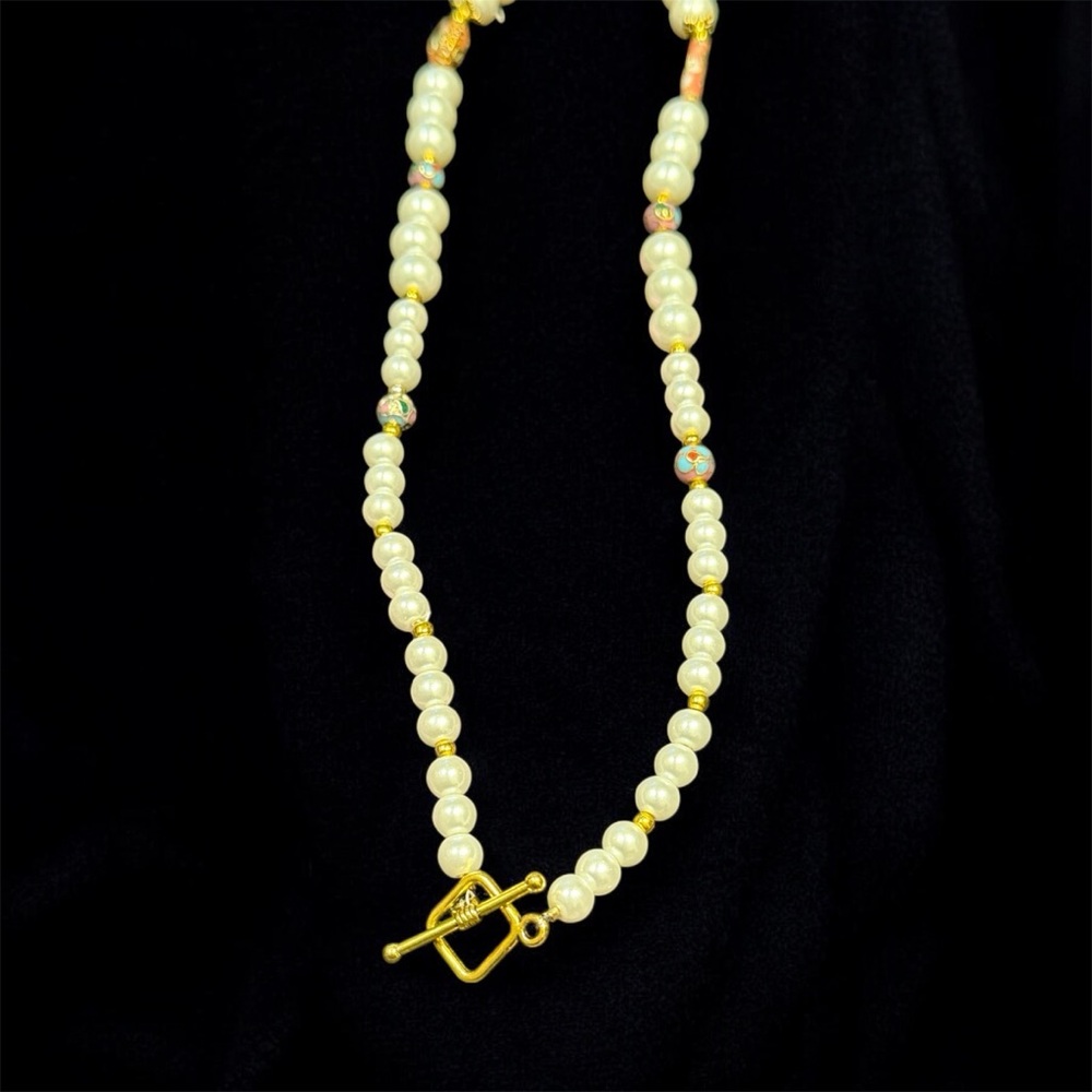 Handcrafted Cloisonné Pearl and Gold Beaded Necklace - Picture 7 of 12